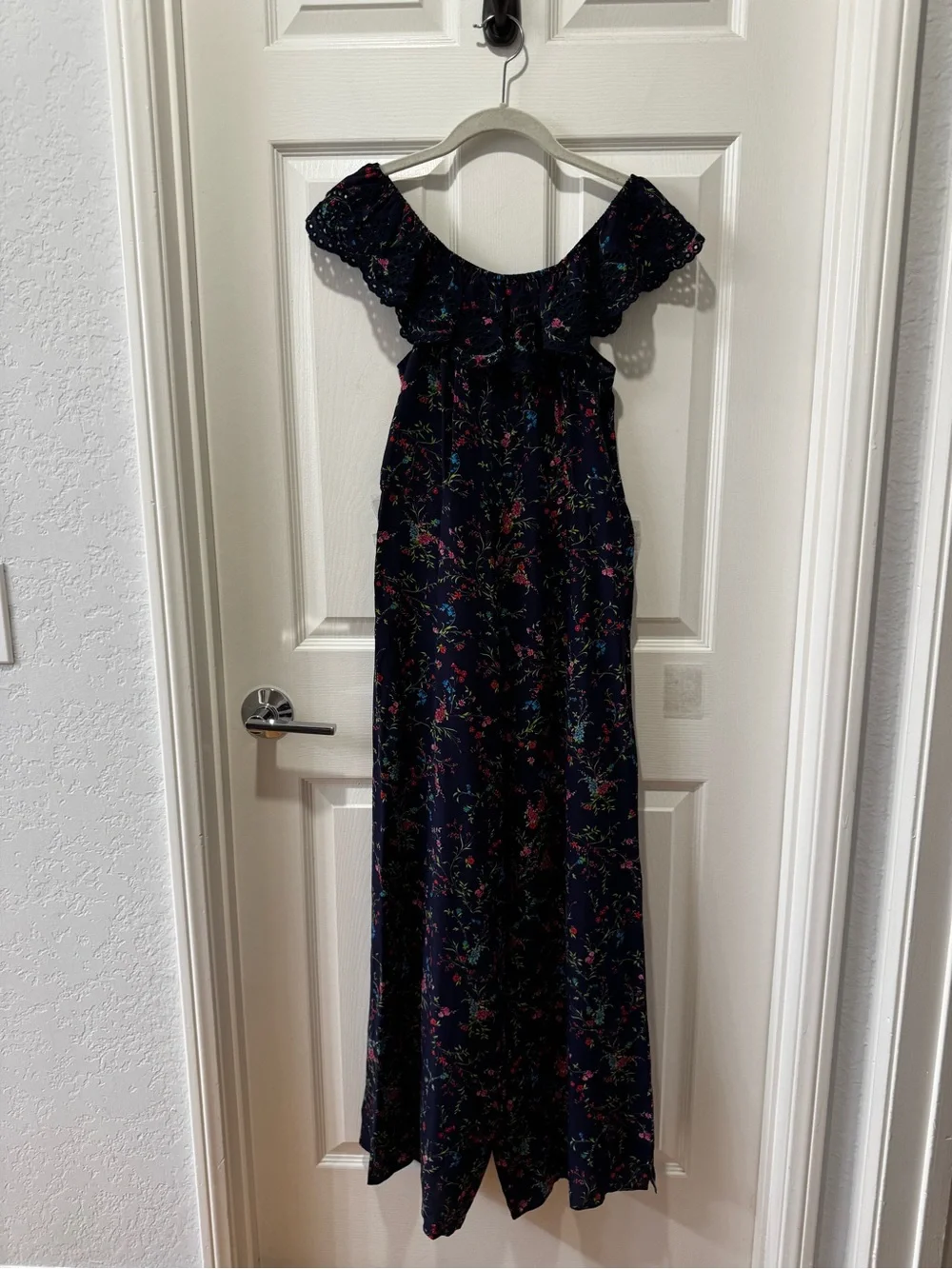 Paloma Blue Navy Blue Floral Silk Eyelet Off Shoulder Wide Leg Jumpsuit Sz M - Picture 3 of 8